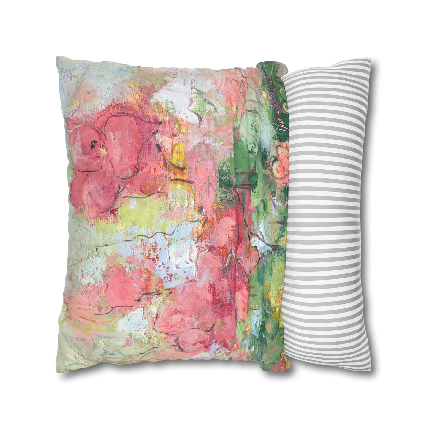 Floral Watercolor 2, Faux Suede Pillowcase — Pink Garden Square Throw Pillow Cover by artist Marie Frederique