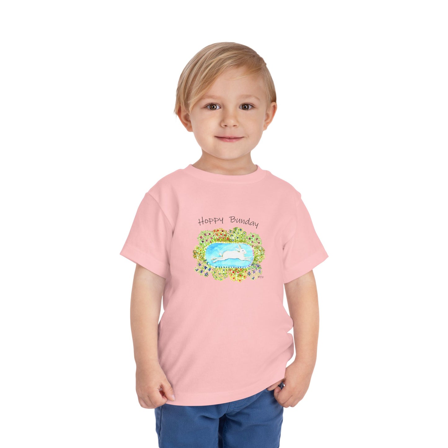 Hoppy Bunday Toddler Short Sleeve Tee - Cute white Easter Bunny T-Shirt by artist Marie Frederique