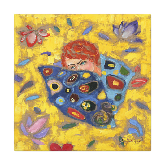 Rose 2 with vibrant yellow and blue Canvas Wall Art by artist Marie Frederique