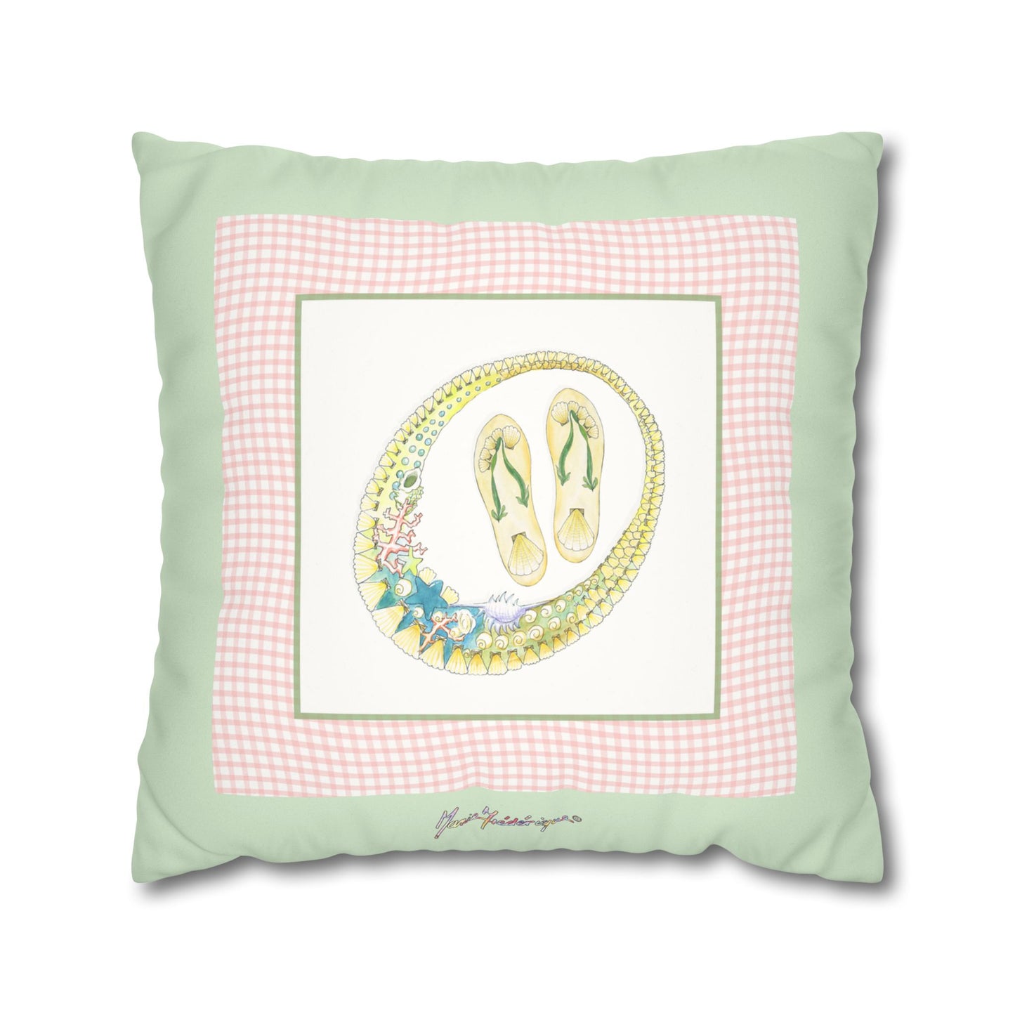 Pastel Vacation necklace and flip flops Faux Suede Pillow Cover by artist Marie Frederique