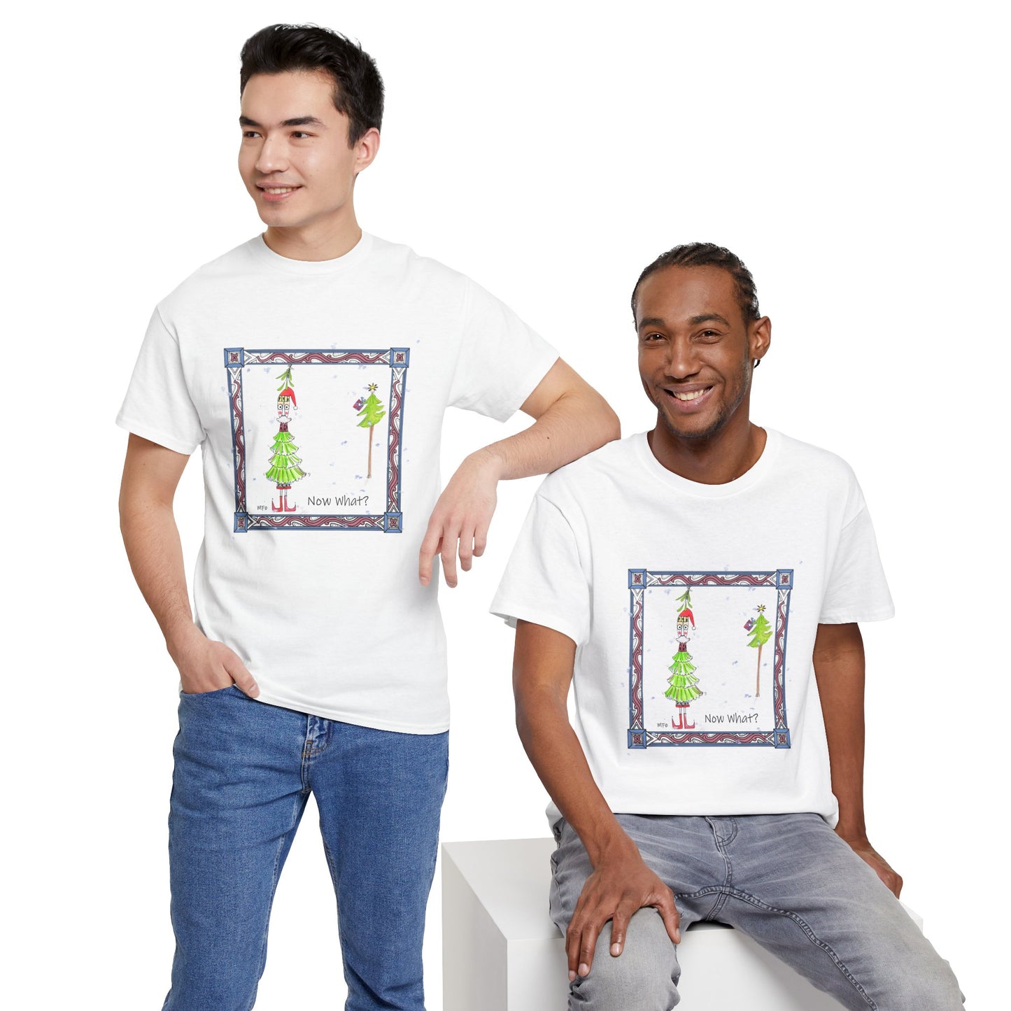 Mistletoe Christmas Tree Elf T-Shirt – Funny "Now What?" Holiday Tee by artist Marie Frederique