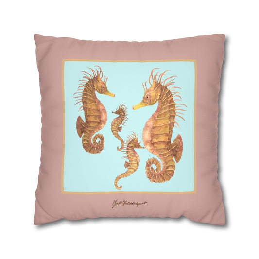 Seahorse Family Faux Suede Pillowcase – Coastal Decorative Throw Pillow by artist Marie Frederique