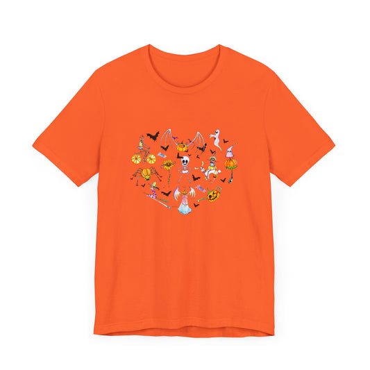 Halloween Heart Celebration filled with adorable Halloween illustrative characters - Unisex Jersey Short Sleeve Tee by artist Marie Frederique