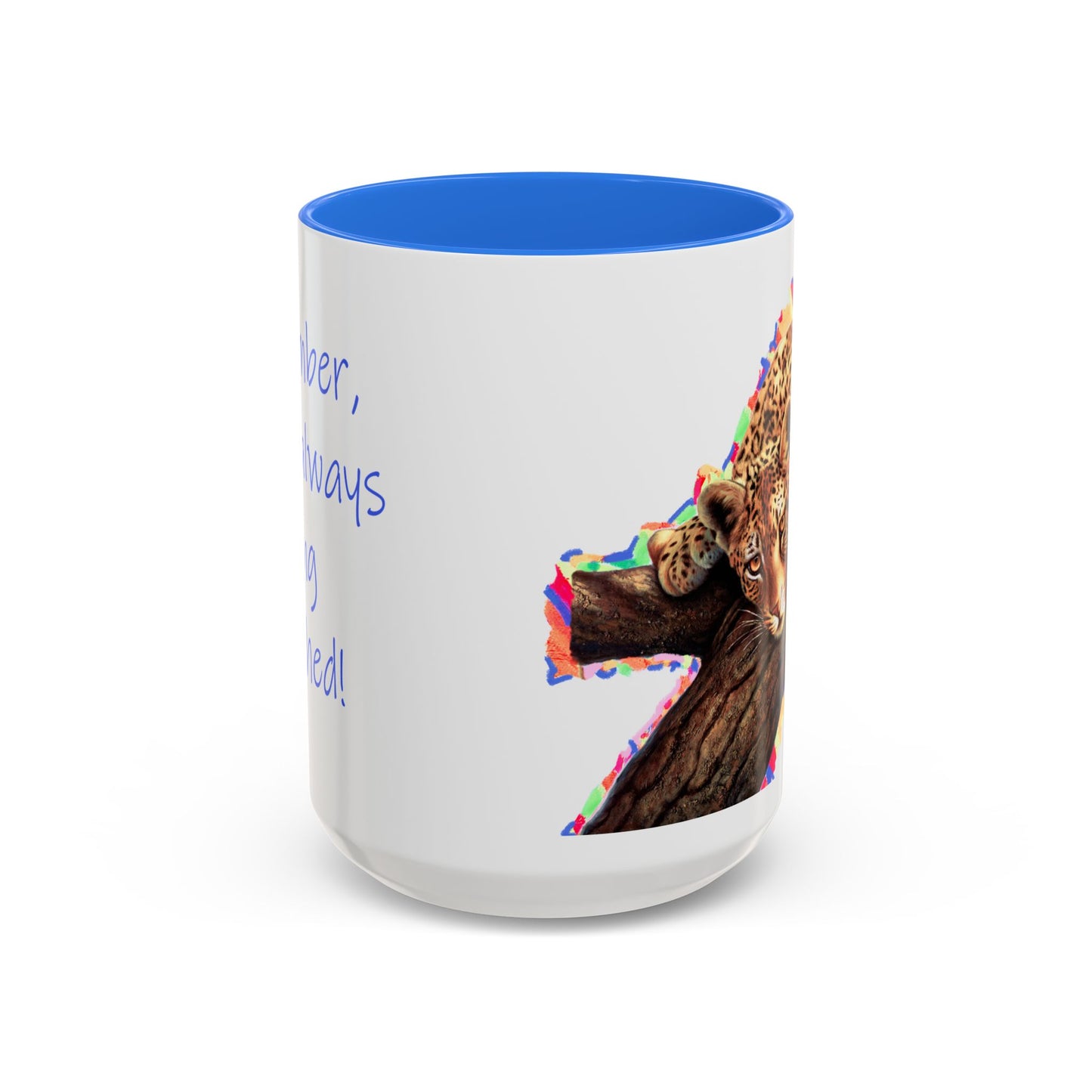 Leopard in a tree, "Remember, you're always being watched!" Mug by Artist Marie Frederique