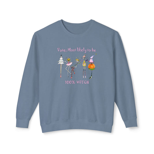 Halloween Vote; Most likely to be 100% WITCH, Unisex Lightweight Crewneck Sweatshirt by artist Marie Frederique