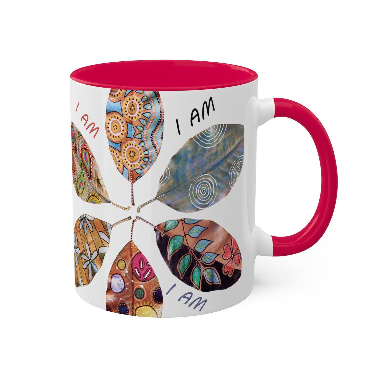 I AM collection with painted leaves - Colorful Mug in 5 colors, Red, Bblack, Yellow, Light Green and Cambridge Blue 11oz By Artist Marie Frederique