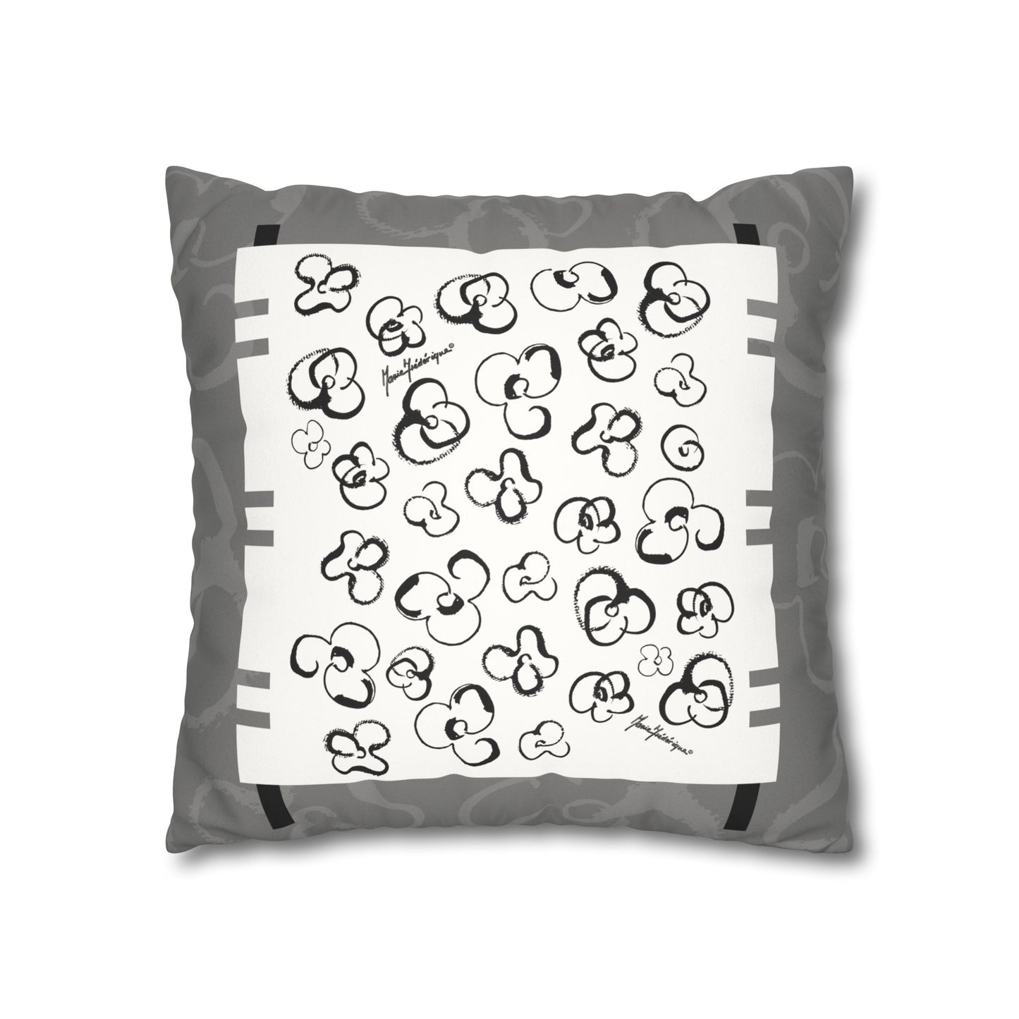 Black, White and Gray Floral Pop Art Faux Suede Pillowcase by artist Marie Frederique