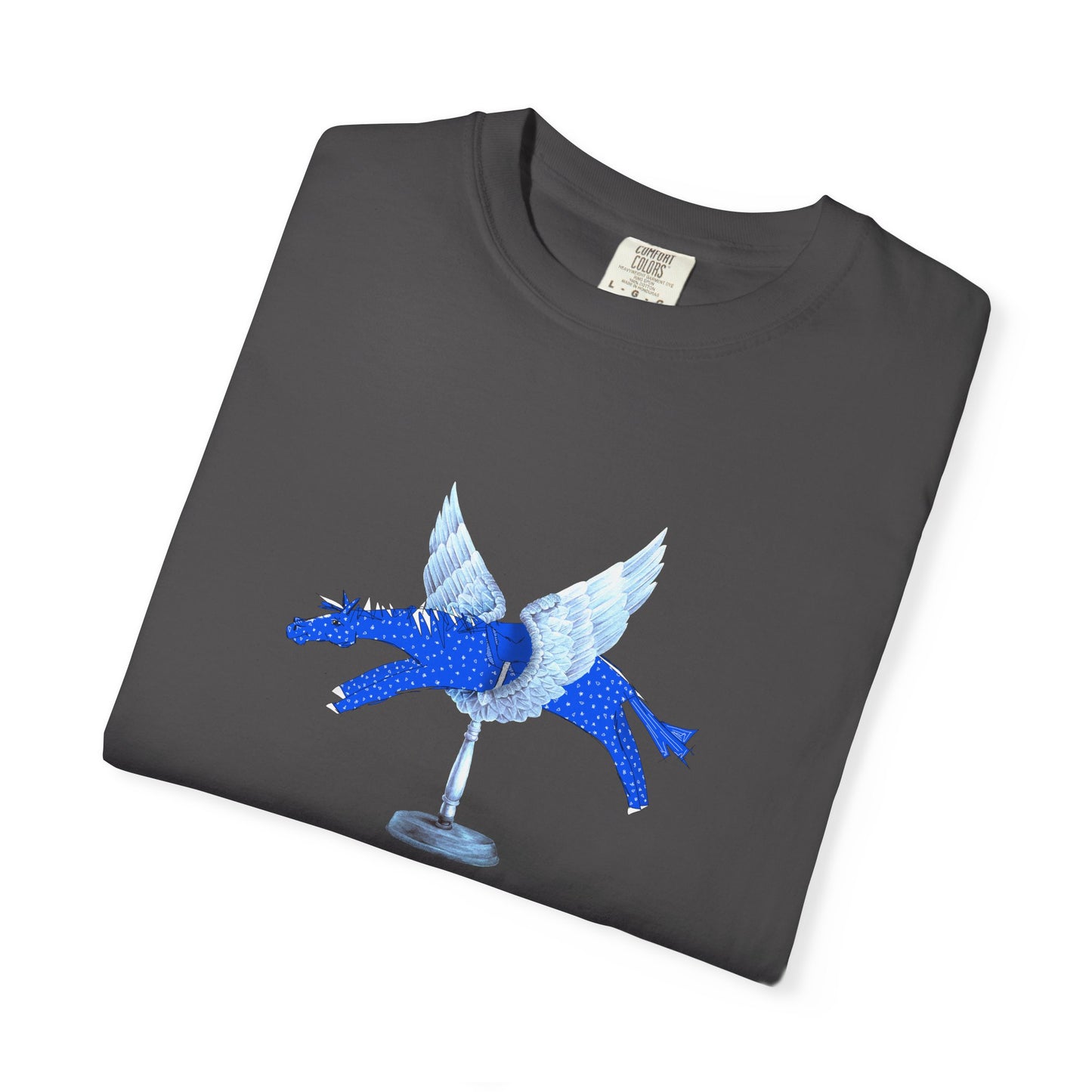 Winged Blue Horse Graphic T-Shirt — "Love Conquers" Equestrian Art Tee by artist Marie Frederique
