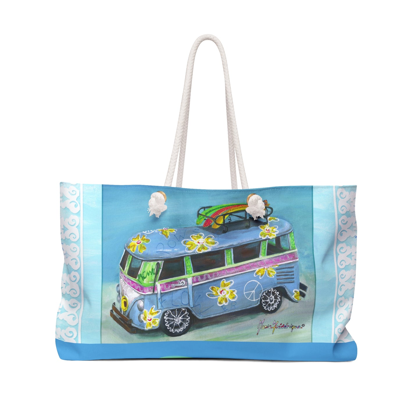 Hippie Van Beach Weekender Bag — Retro Surfboard Travel Tote by artist Marie Frederique