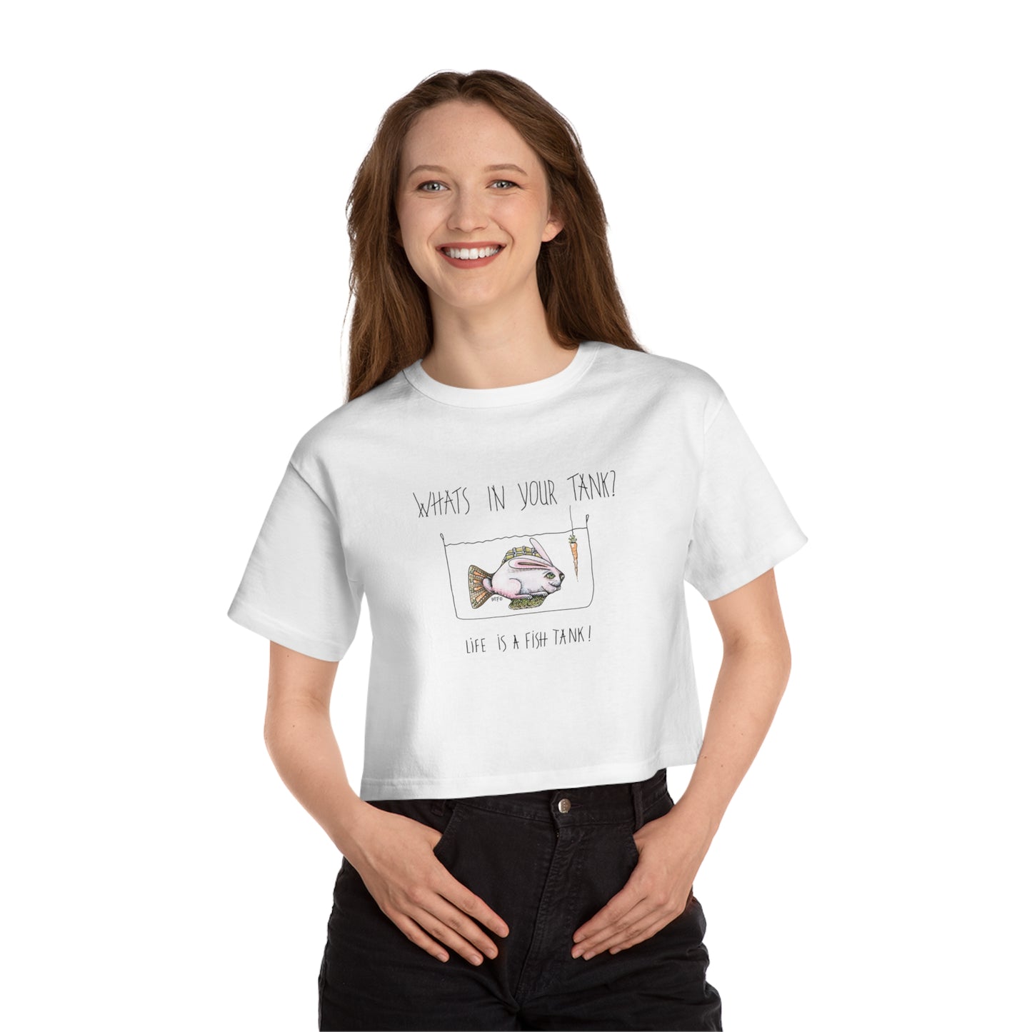 Life is a Fish Tank Collection, "What's in your tank?  Bunny Fish with a dangling carrot on a hook. Champion Women's Heritage Cropped T-Shirt