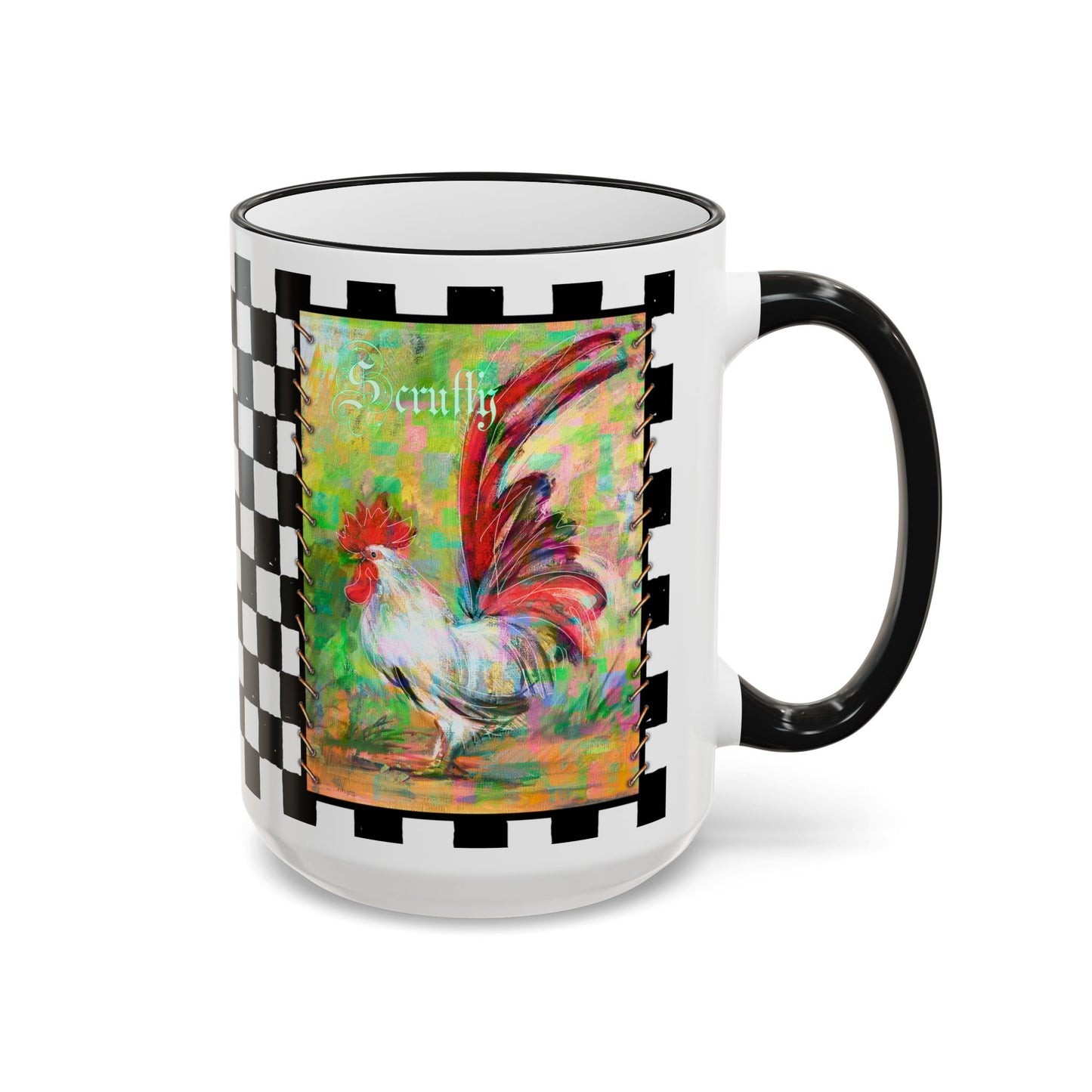Checkerboard Scruffy & Freckles Rooster Accent Rim Mug – Colorful Farmhouse Coffee Cup (11oz & 15oz) by artist Marie Frederique