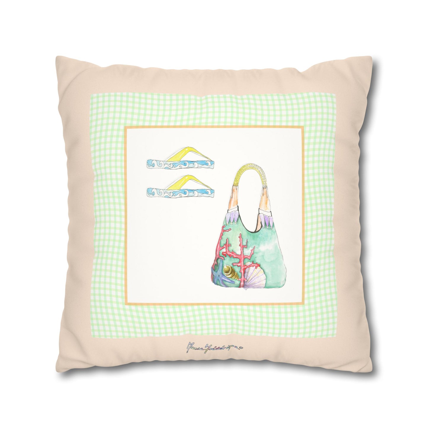 Coastal Vacation Tote and flip flop, Pattern Faux Suede Square Pillowcase by artist Marie Frederique