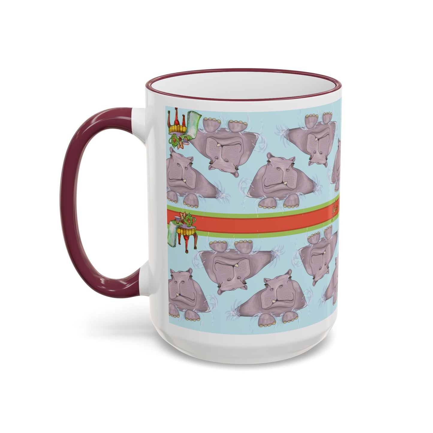 Happy Hippo Pattern Mug — Coffee Tea Mug (11oz, 15oz) by artist Marie Frederique