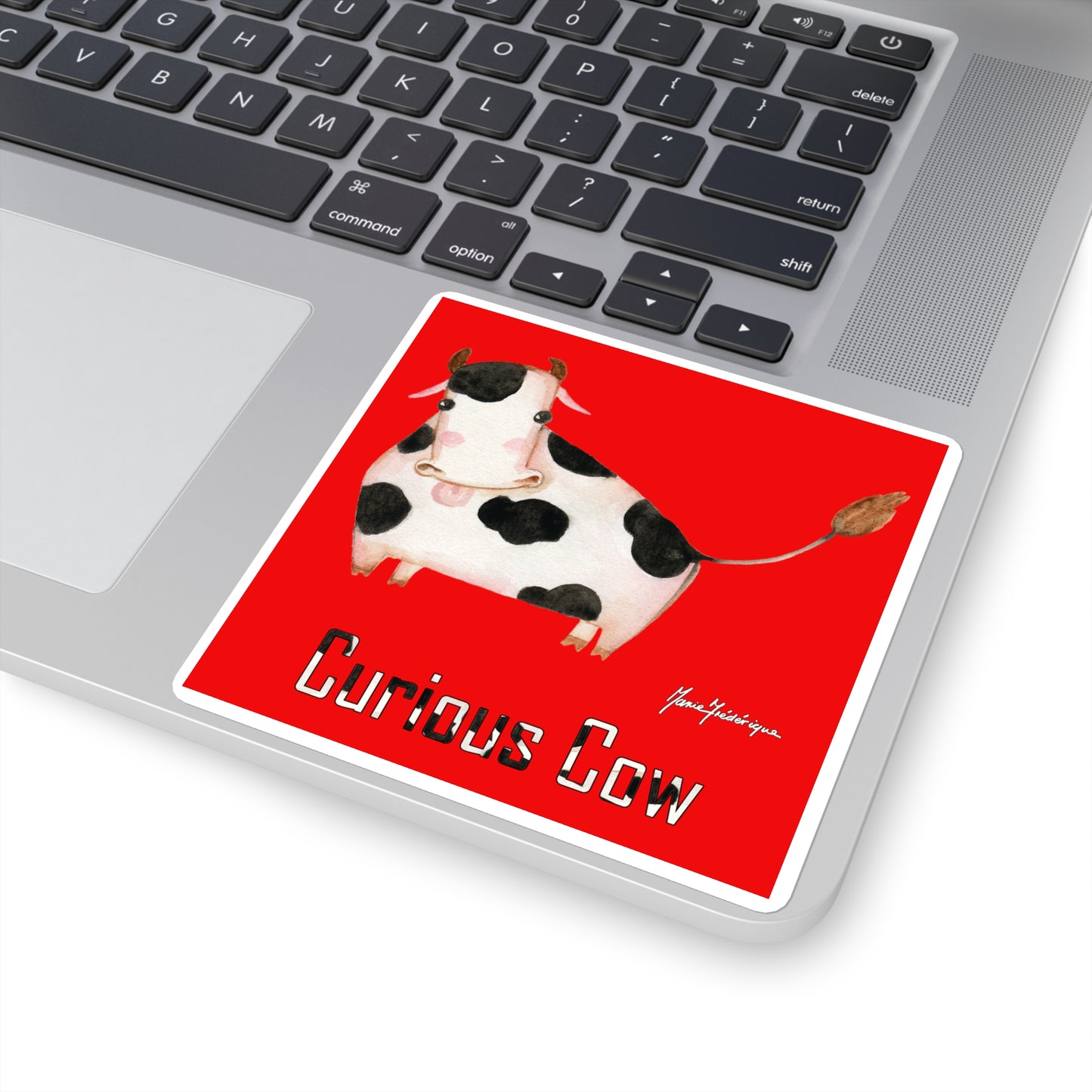 Curious Cow, Black and white Cow on a Red Sticker in 4 sizes by artist Marie Frederique