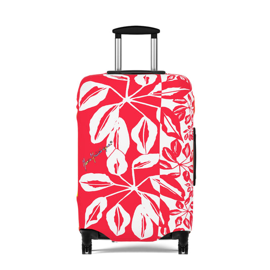 Luggage Cover, Tropical leaves in Red and White by artist Marie Frederique