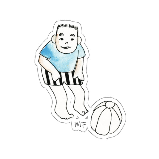 Boy with ball watercolor sticker in blue black and white by artist Marie Frederique