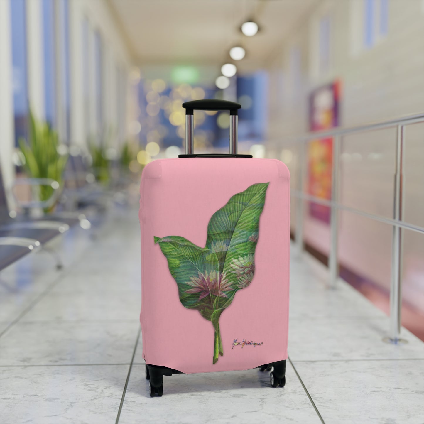 Luggage Cover, Pink lotus flower on pink background by artist Marie Frederique