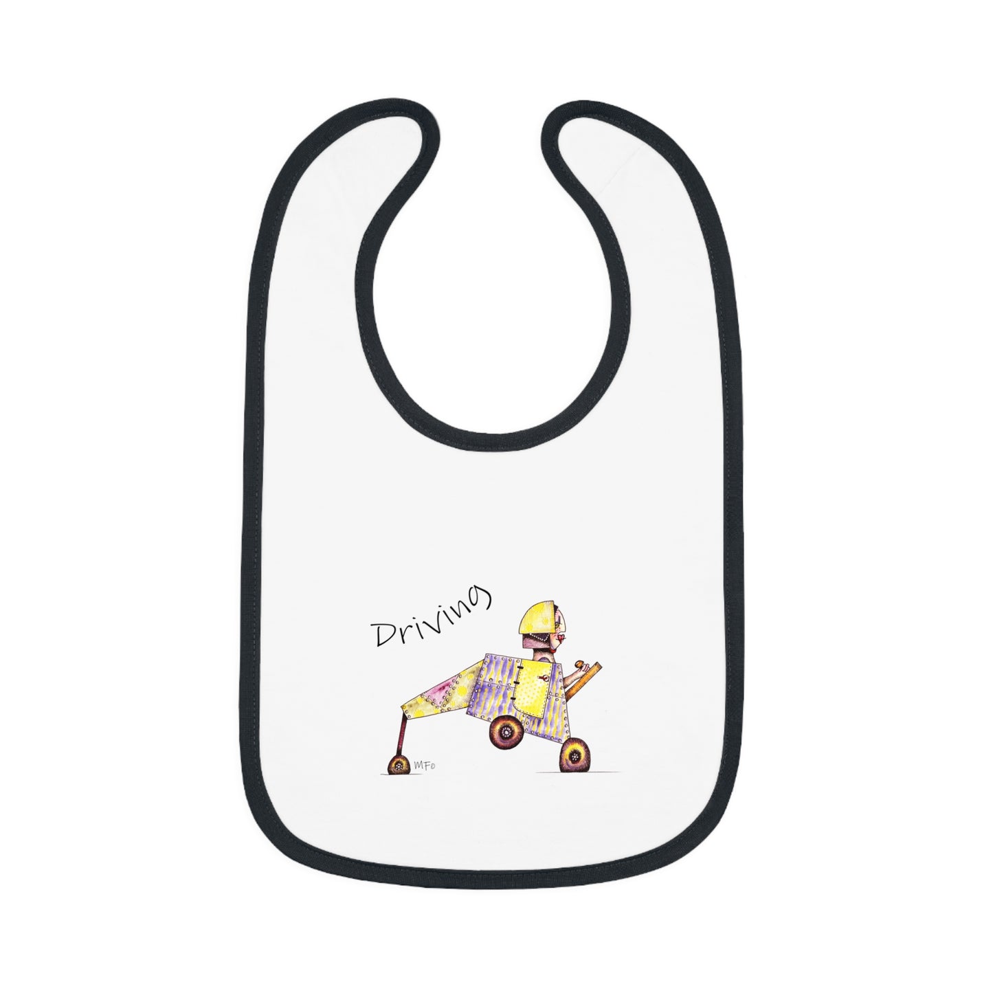 Driving - Super Cute Whimsical Designer Baby Contrast Trim Jersey Bib by artist Marie Frederique