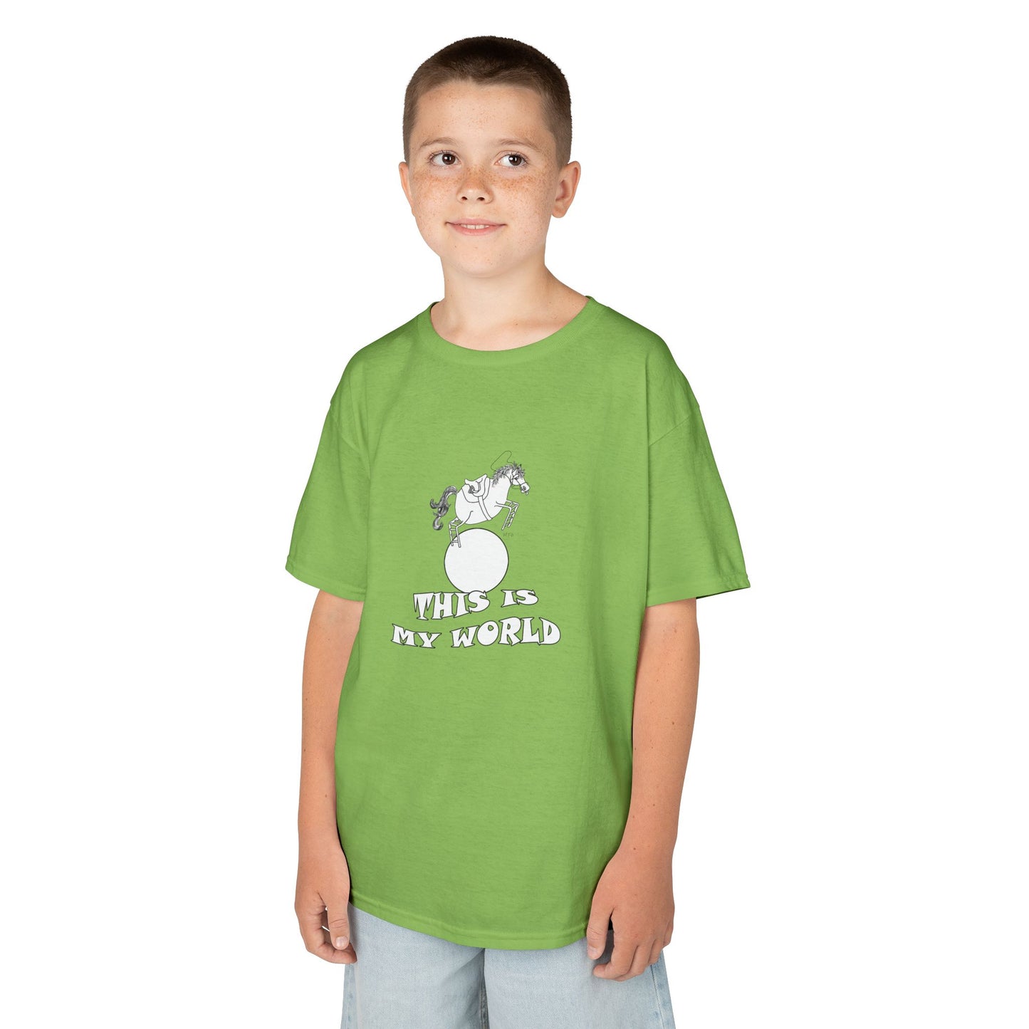 Kids Heavy Cotton™ Tee - 'This Is My World' Playful Horse Graphic T-Shirt for Children by artist Marie Frederique