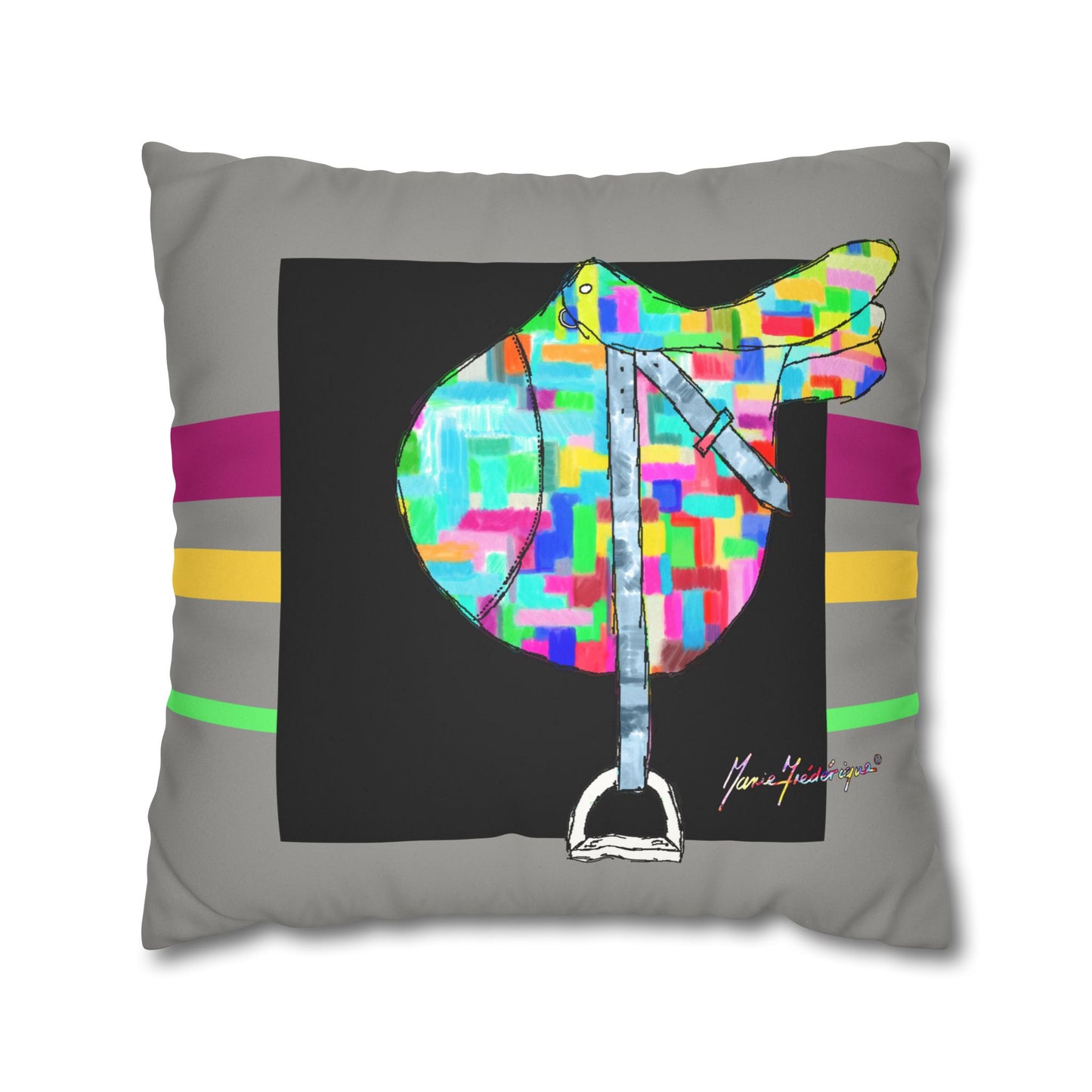 Equestrian Color block Saddle, Faux Suede Pillow cover by artist Marie Frederique
