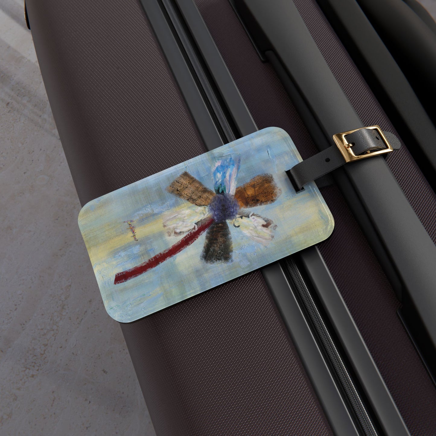 Luggage Tag with leather strap, Abstract floral on a blue background by artist Marie Frederique