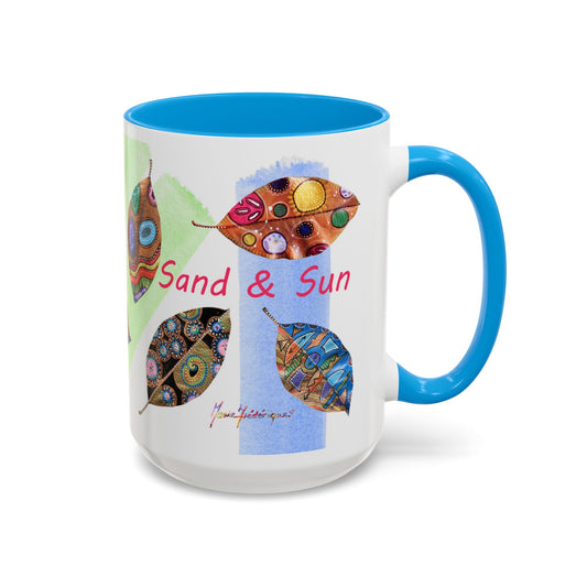 Surf, Sand and Sun multicolored painted leaves - Colorful Mug by Artist Marie Frederique