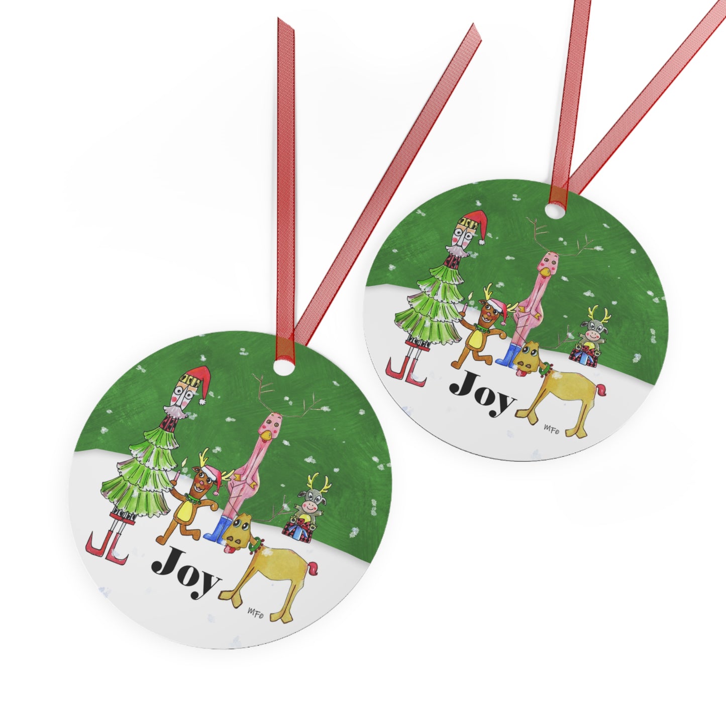 Christmas Ornament double sided print- Reindeer and Christmas Tree Joy by artist Marie Frederique