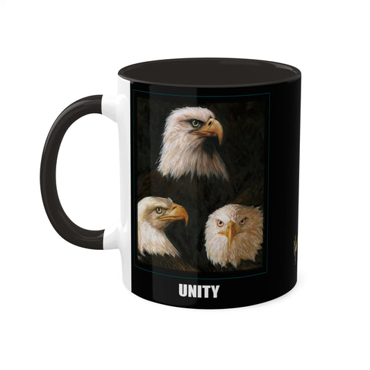 Bald Eagle Heads, Unity, America & Pride 11oz Colorful Mug in 3 color choices by artist Marie Frederique