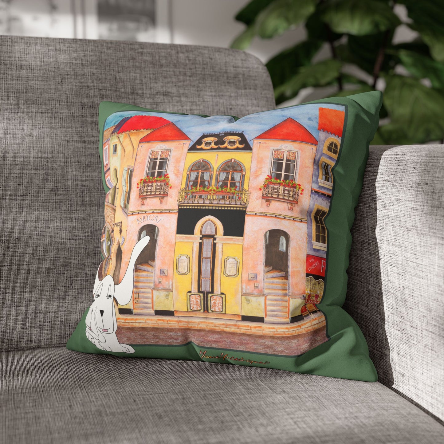 Whimsical Town & Dogs Faux Suede Pillow cover — Chefetteville, Decorative Square Throw Pillow Cover by artist Marie Frederique