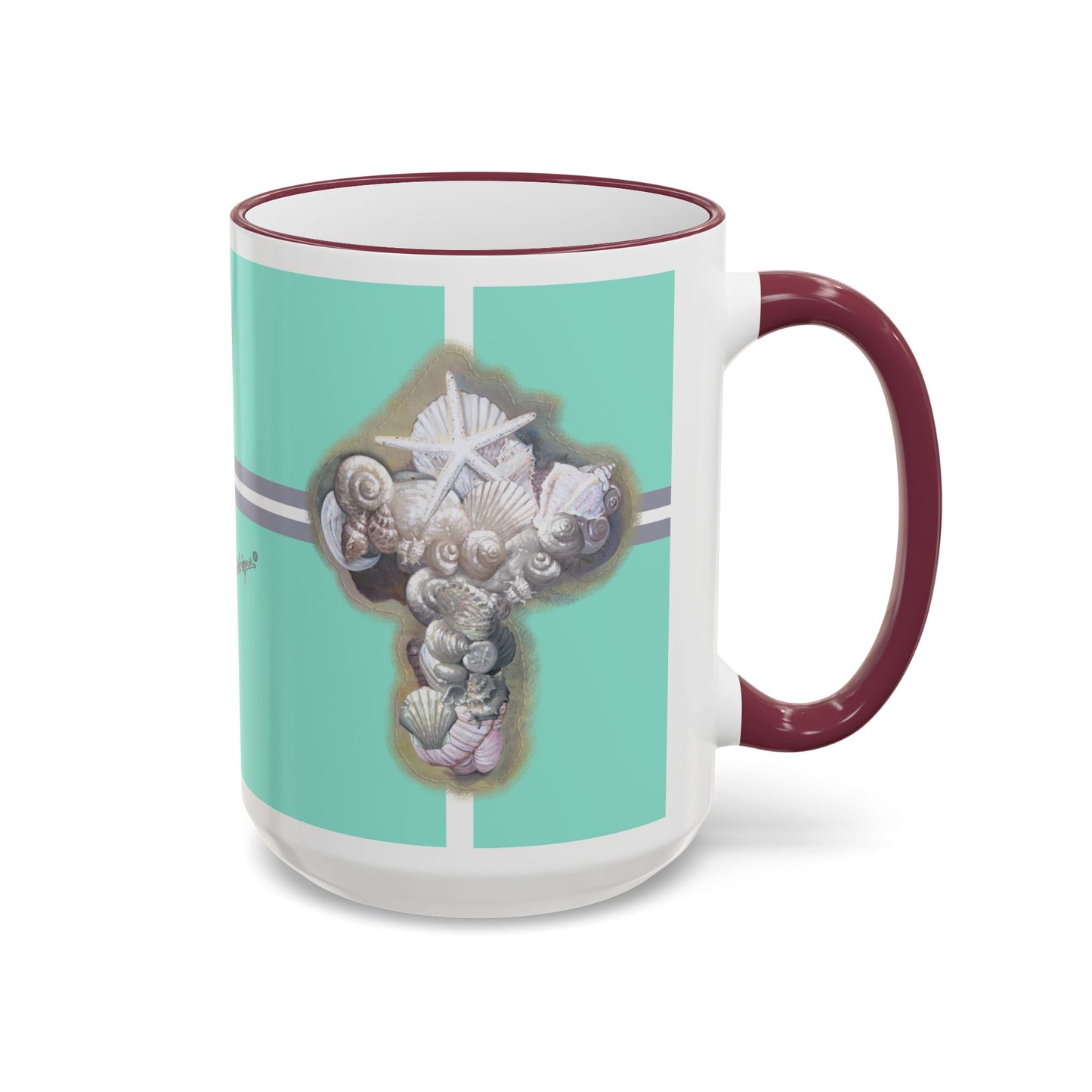Seashell Cross, Accent Rim Mug — Christian Coffee Cup (11oz/15oz) by artist Marie Frederique