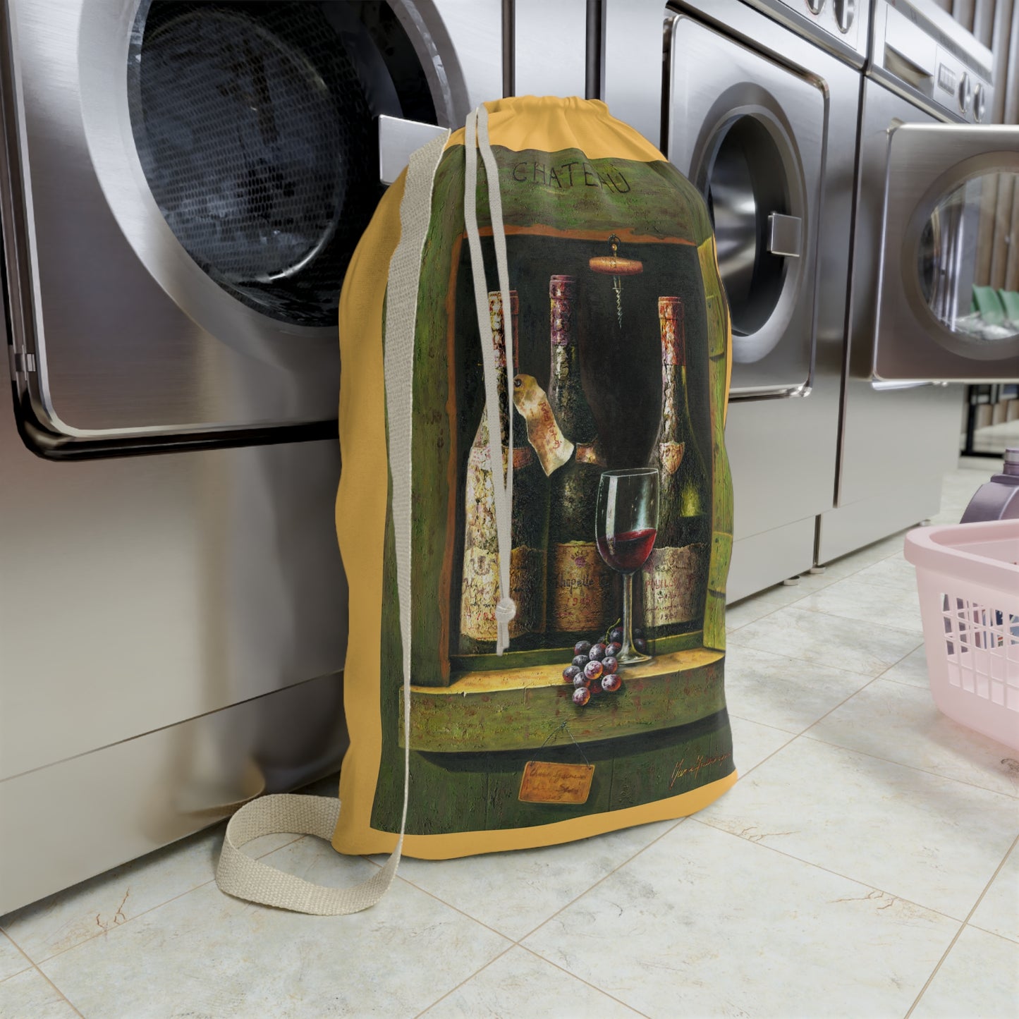 Wine Chateau Laundry Bag — Rustic Wine Bottle & Glass Print by artist Marie Frederique