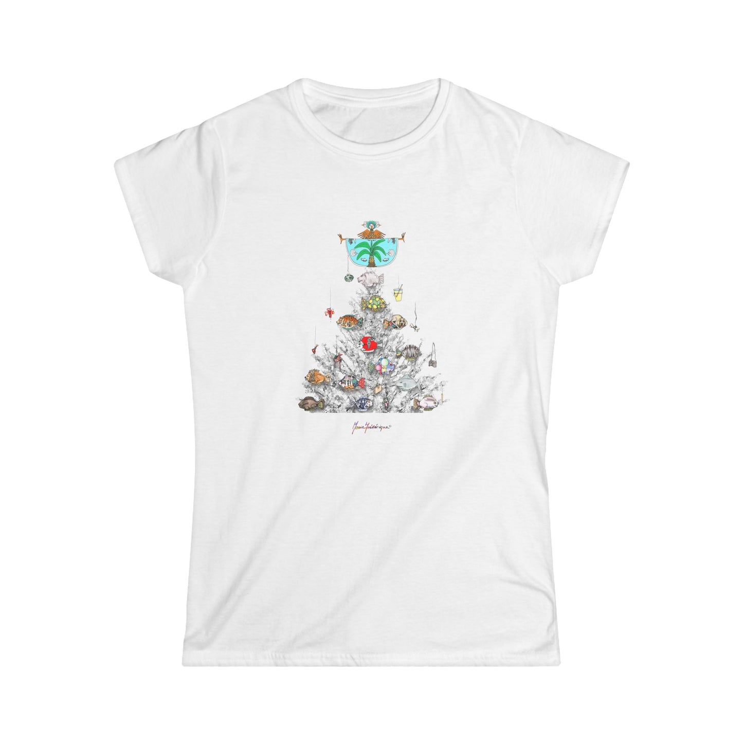 Beachy Palm Tree Christmas Tee — Fishing Holiday Tree Ornaments Women’s T-Shirt by artist Marie Frederique