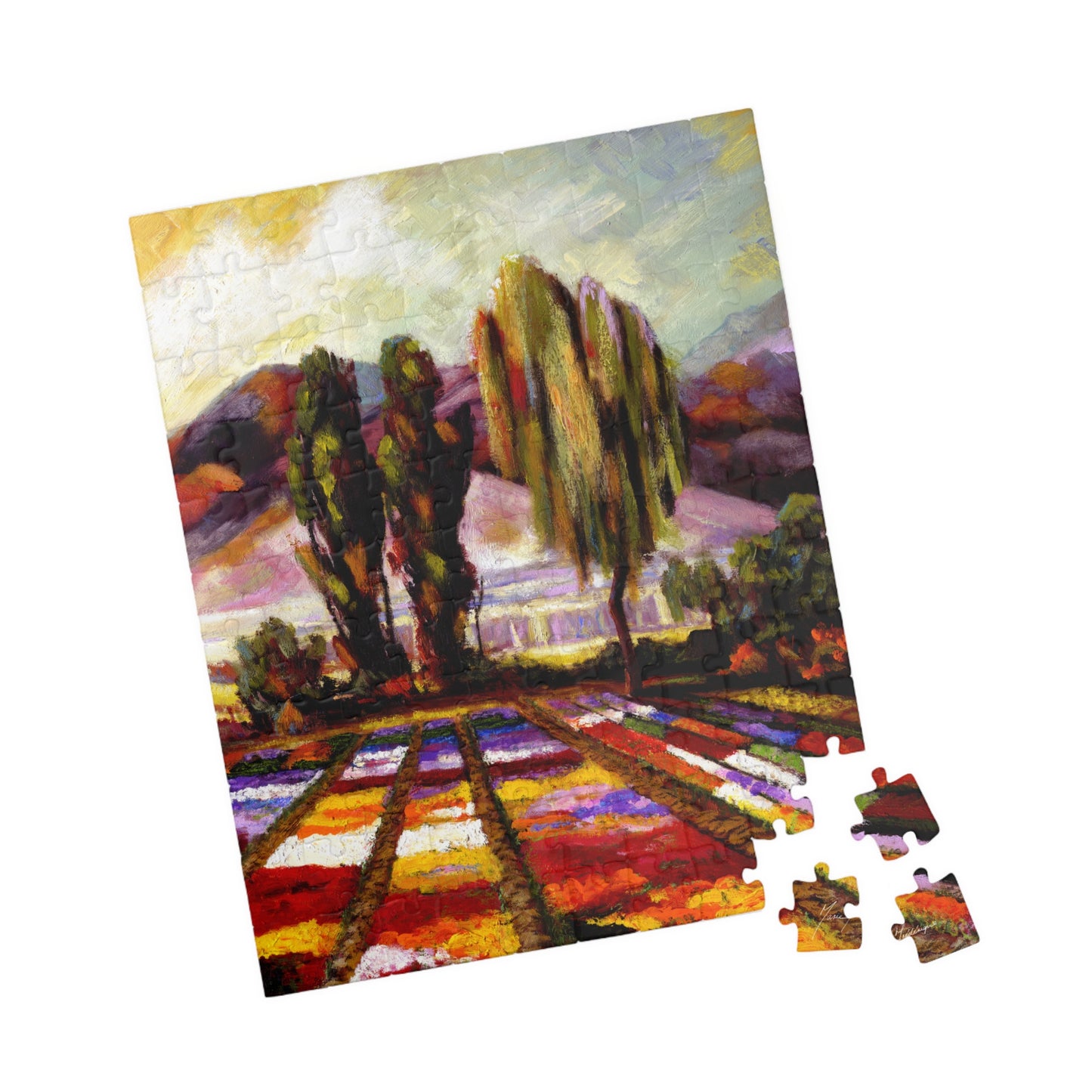 My Happy place, multicolored Flower fields with Eucalyptus trees Jigsaw Puzzle, 110, 252, 520-Piece by Artist Marie Frederique