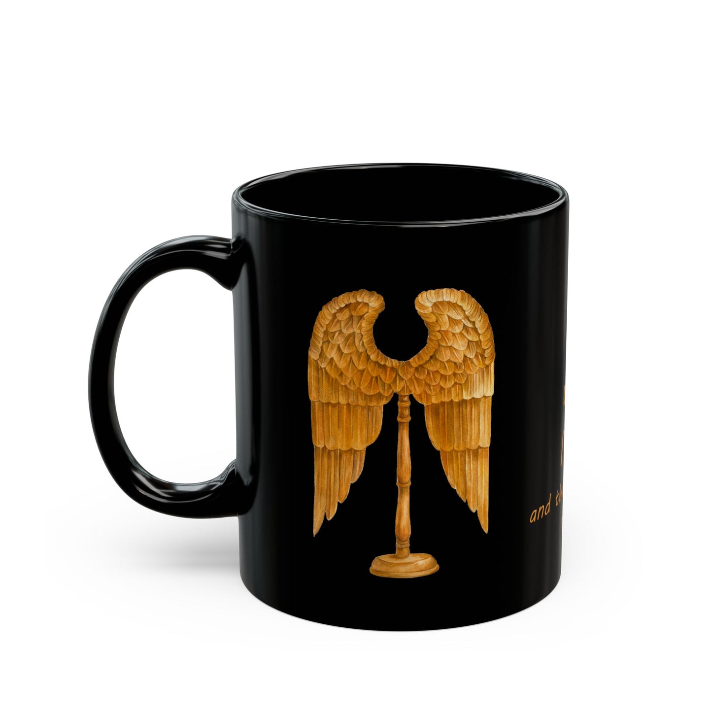 Angel Wings- Gold wings on Black Mug (11oz, 15oz) "I am who I am and that is enough" by artist Marie Frederique