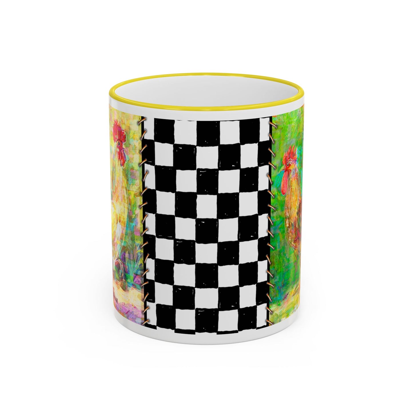Checkerboard, Slo Mo & Sylvester Rooster Accent Rim Mug — Colorful Farmhouse Coffee Cup (11oz & 15oz) by artist Marie Frederique