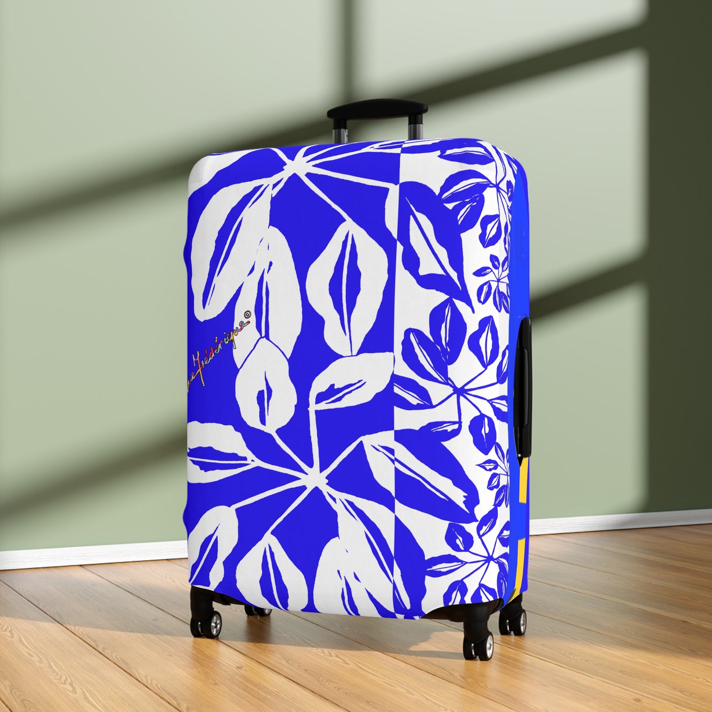 Luggage Cover, Tropical Leaves Blue and White by artist Marie Frederique
