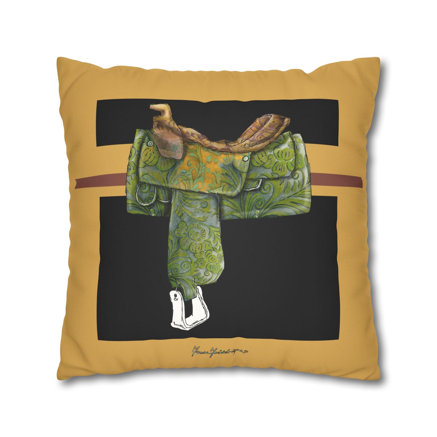 Western Saddle & Scarf Decorative Pillowcase — Faux Suede Accent Cushion Cover by artist Marie Frederique
