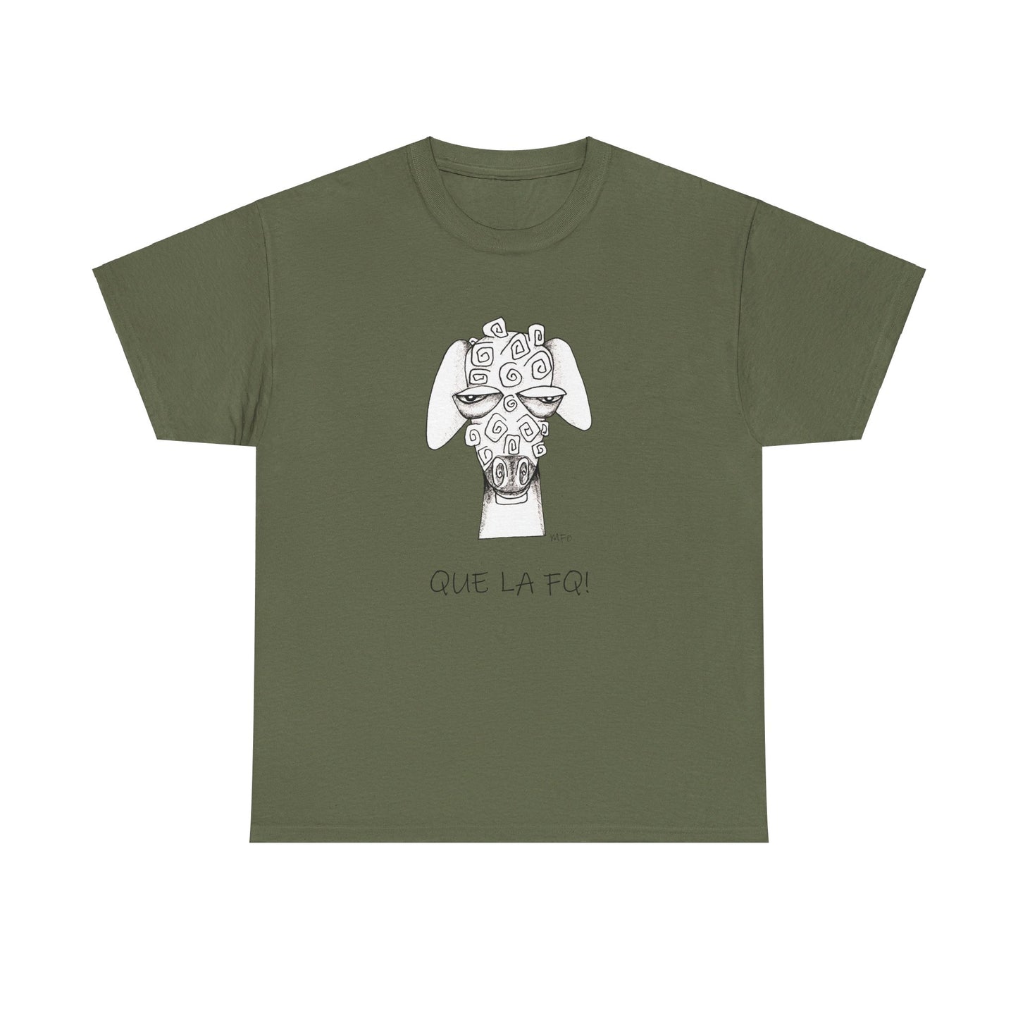 Adult Humor "QUE LA FQ!" with a whimsical drawing of a sheep's face - Unisex Heavy Cotton Tee by artist Marie Frederique