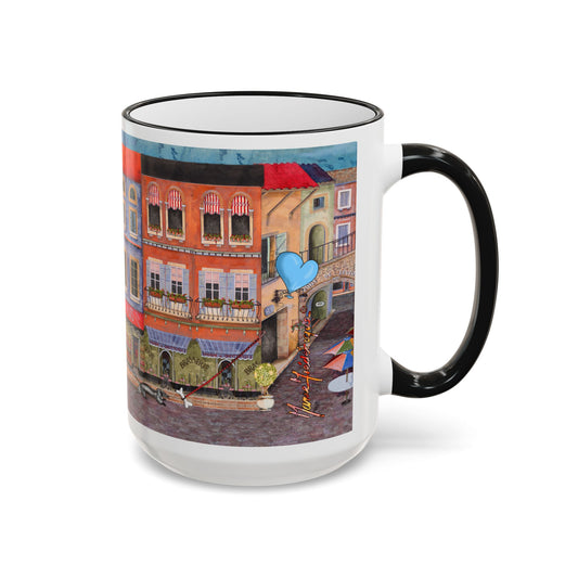 Chefetteville, Street Café Mug (11oz/15oz) - European Village Art by artist Marie Frederique