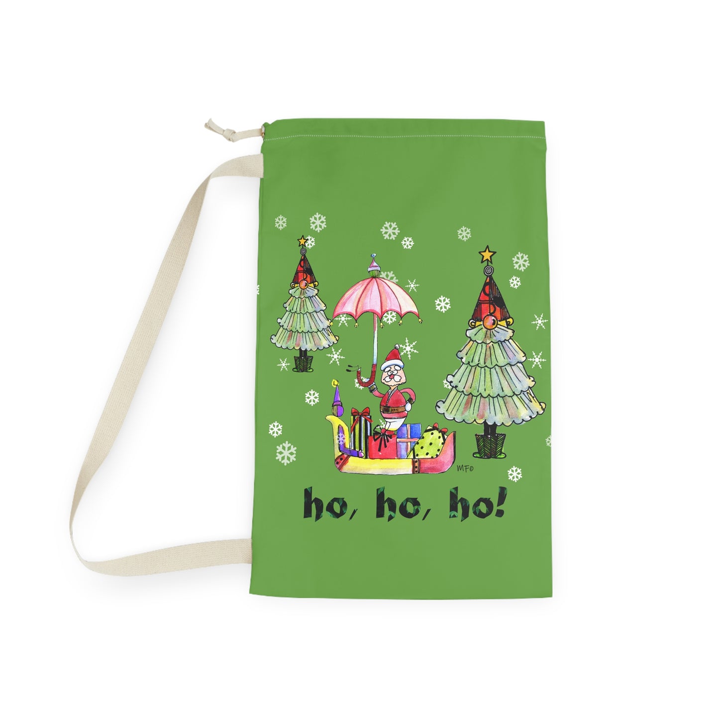 Christmas Laundry Bag — 'Ho, Ho, Ho!' Santa & Trees Holiday Wash Organizer by artist Marie Frederique