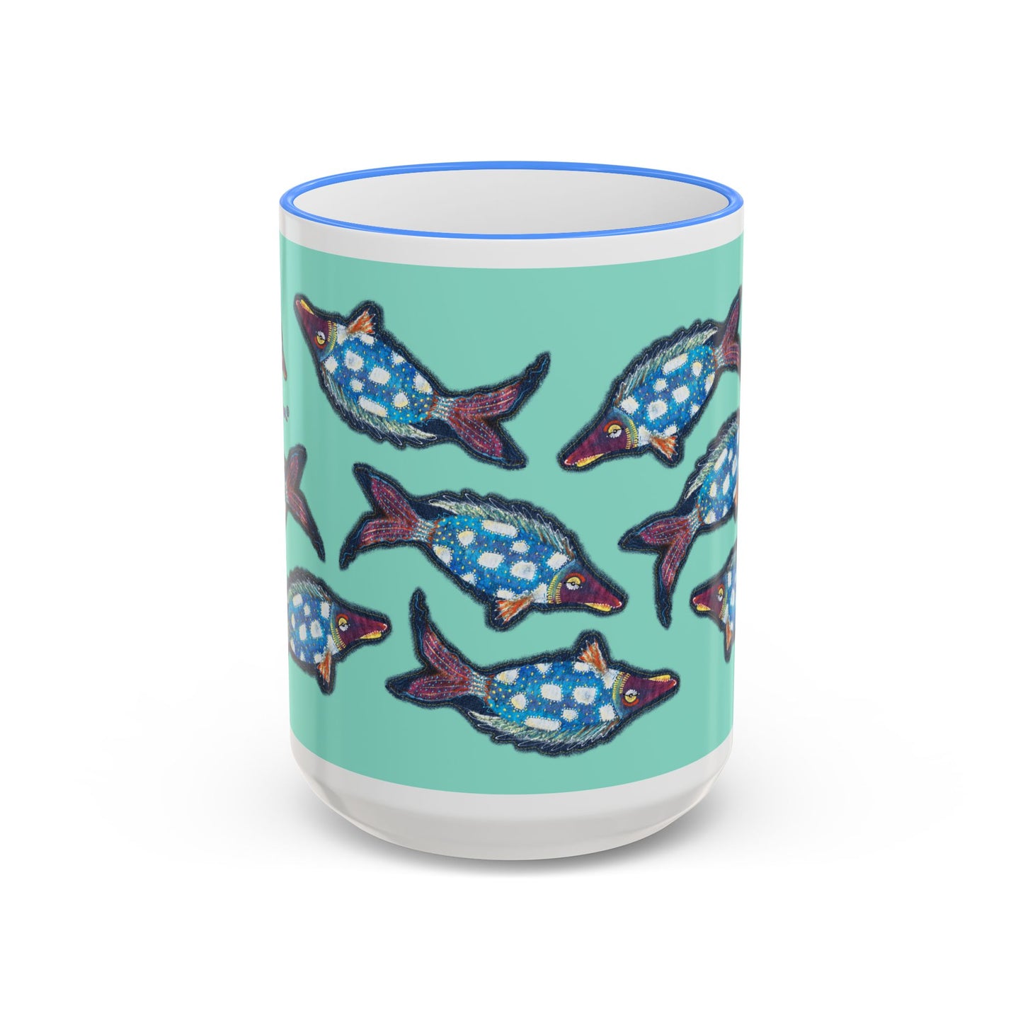 Blue Flying Fish Accent Rim Mug — Nautical Ceramic Coffee Cup (11oz/15oz) by artist Marie Frederique