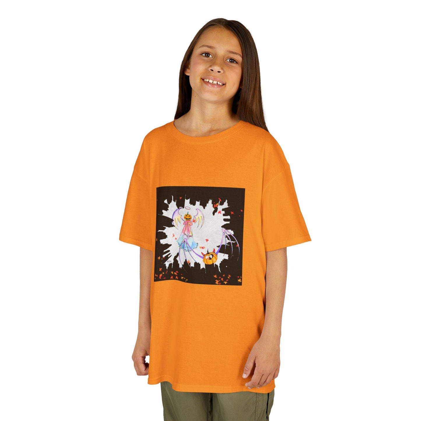 Halloween Angel and Pumpkin Heart Bat - Kids Heavy Cotton™ Tee by artist Marie Frederique