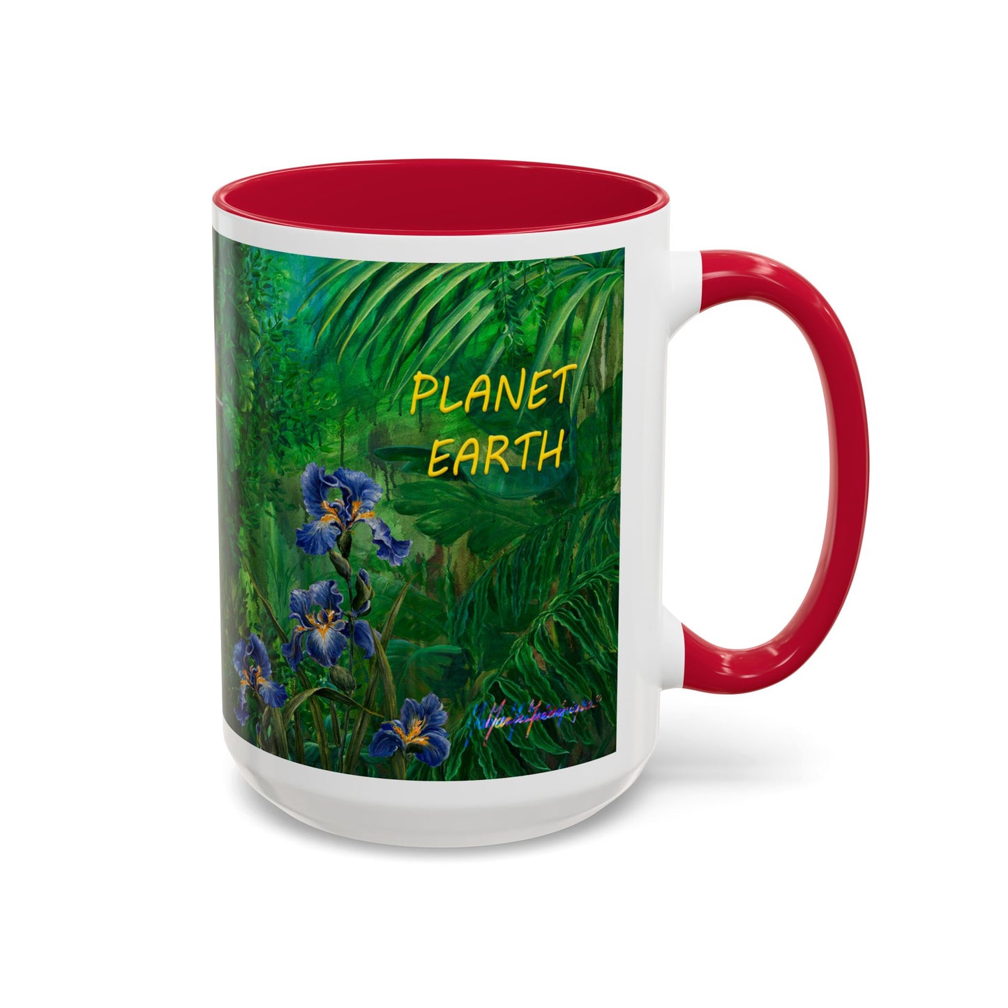 Parrots in Jungle Forest & Blue Iris mug by Artist Marie Frederique