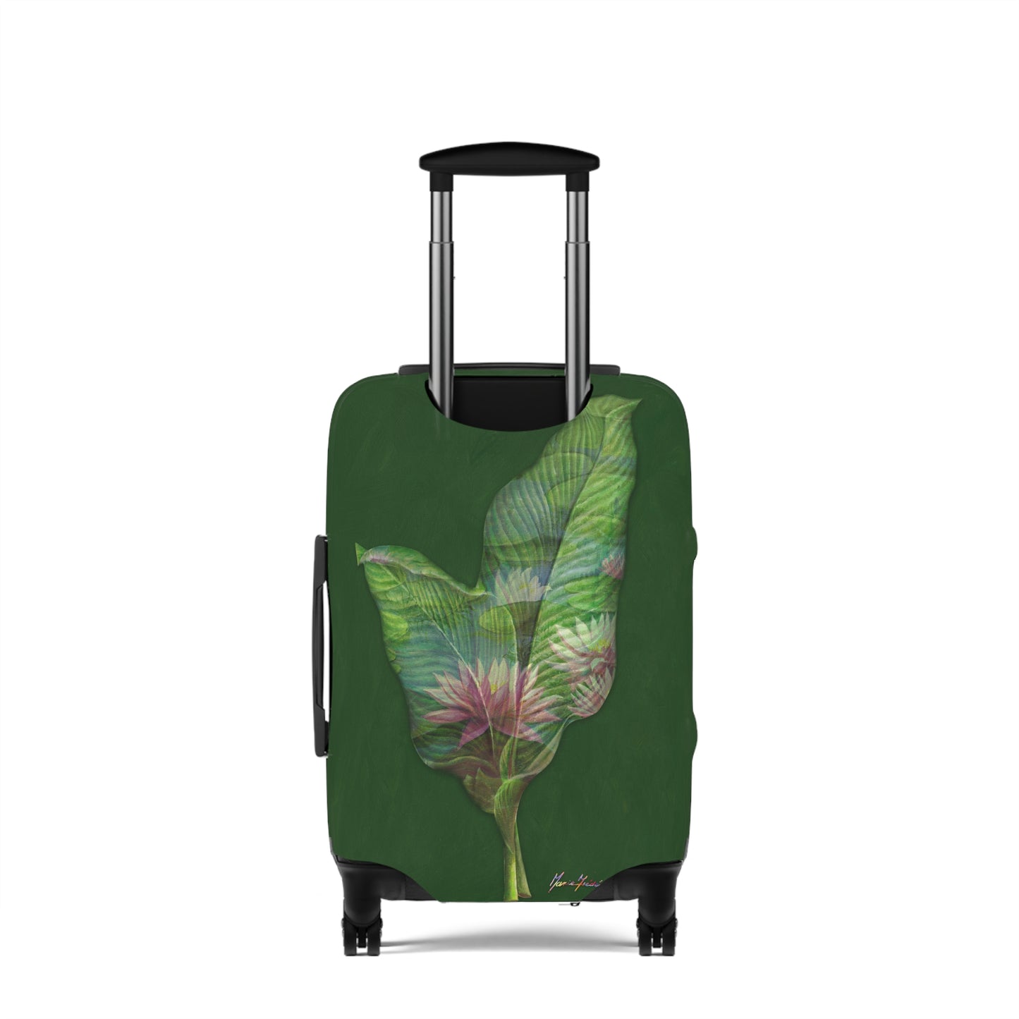 Luggage Cover, Pink Lotus flower in green By Artist Marie Frederique