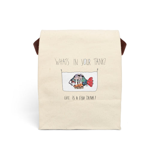 Life is a Fish Tank Collection, "What's in your tank?  Shroom Fish. Canvas Lunch Bag with strap by artist Marie Frederique