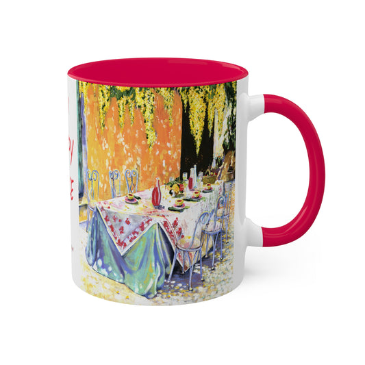 My happy place, Patio with a summer lunch table - Colorful Mugs, 11oz by artist Marie Frederique