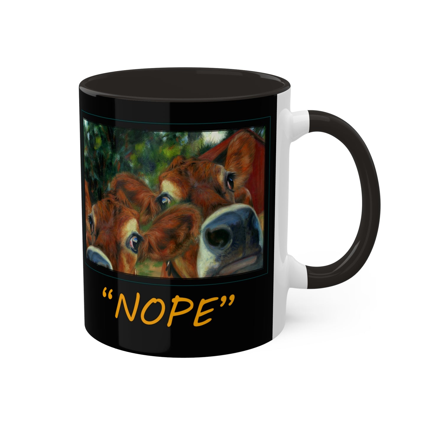 Cow art print, Colorful Udder "Nope" Mug in 3 colors, Black, Orange and light Green, 11oz by Artist Marie Frederique