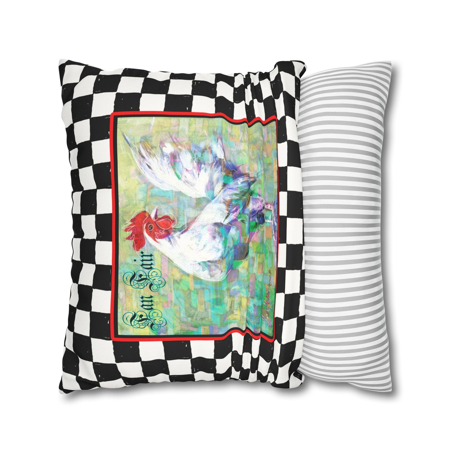 White Rooster Checkered Faux Suede Pillowcase - "Fan Fair" Farmhouse Accent Pillow Cover by artist Marie Frederique