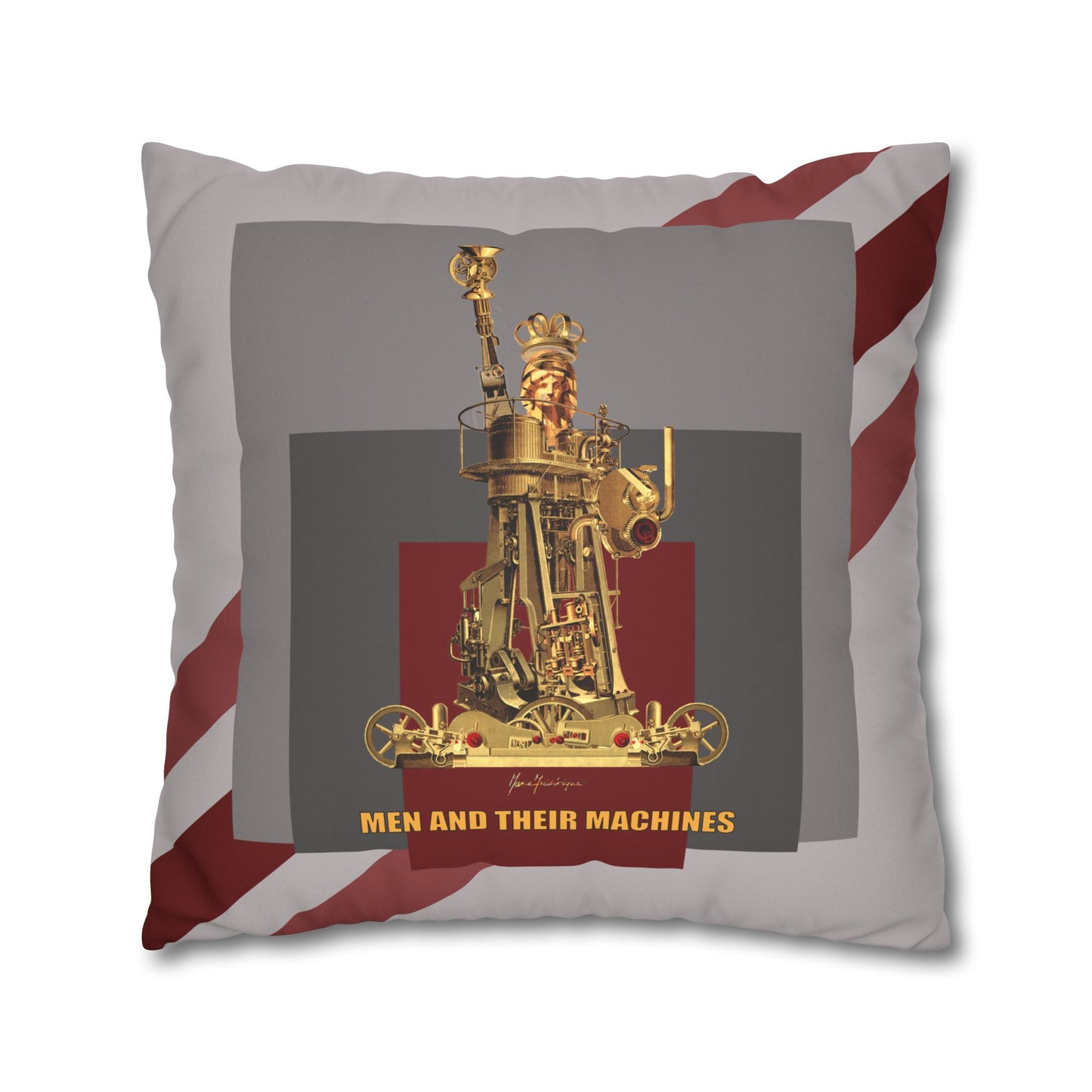 Vintage Steam Engine Liberty Pillowcase — "Men and Their Machines" Faux Suede Throw Pillow by artist Marie Frederique