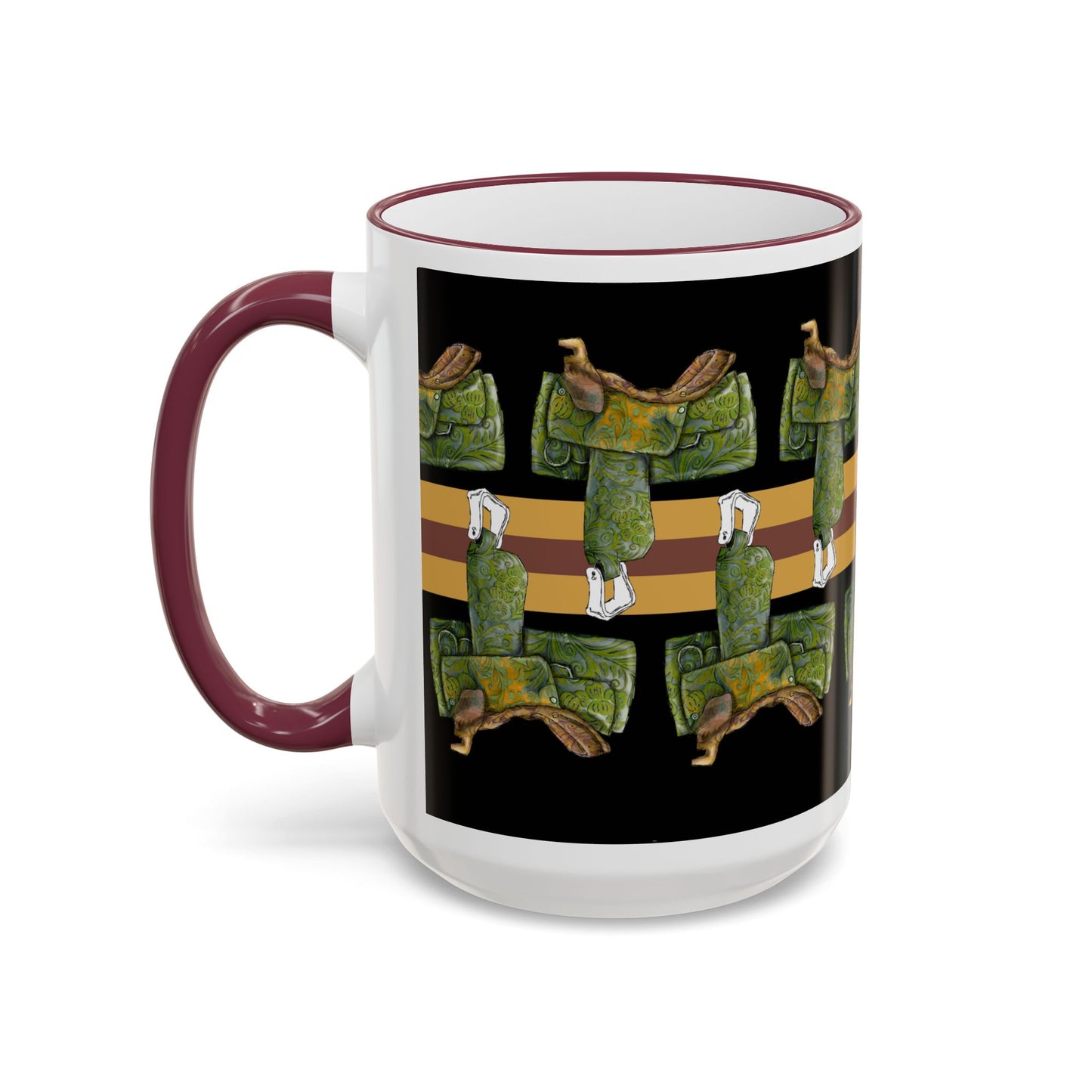 Western Saddle & Scarf Pattern Accent Rim Mug (11oz/15oz) by artist Marie Frederique
